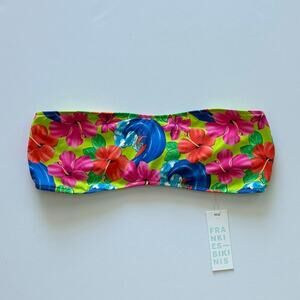 Frankies Bikinis Jean Floral Bandeau Bikini Top - Neon Surfer - L  - NWT